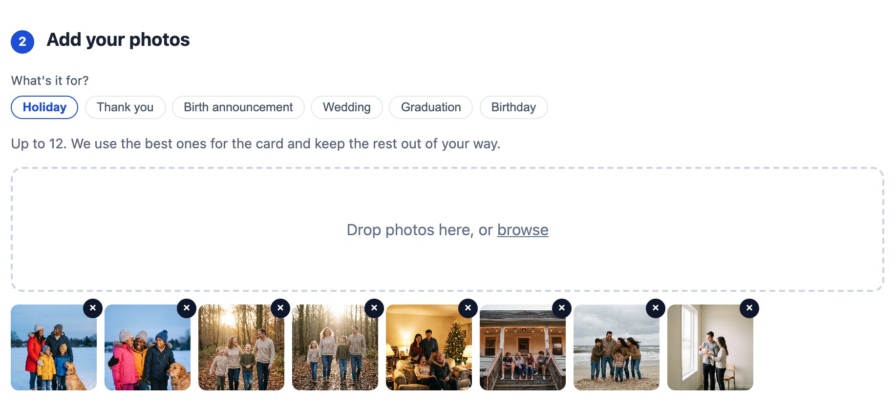 The Add your photos step: occasion chips for Holiday, Thank you, Birth announcement, Wedding, Graduation, and Birthday, a drop zone, and eight uploaded family photos