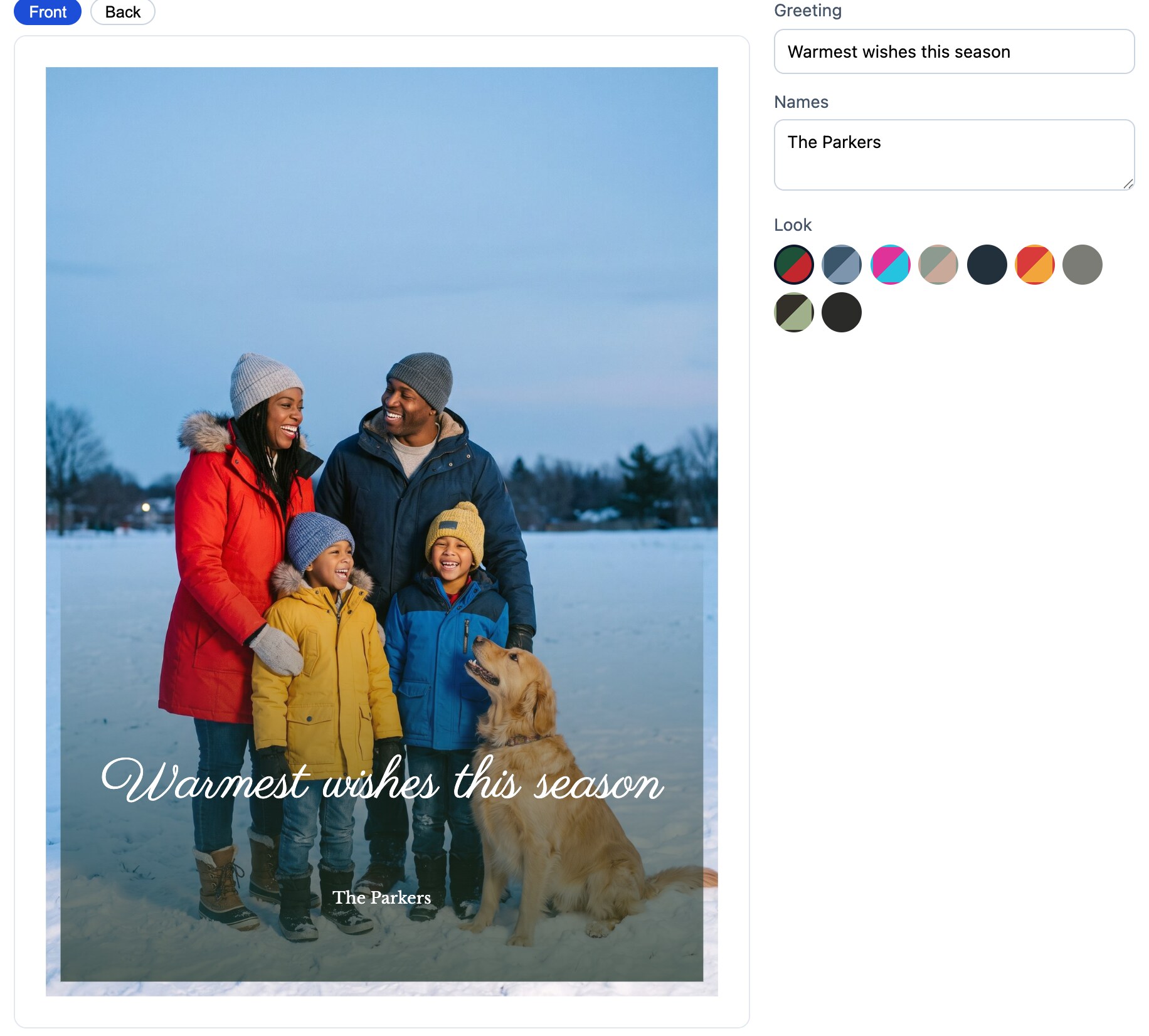 A designed 5&times;7 card in the storefront: a full-bleed winter family photo with &ldquo;Warmest wishes this season&rdquo; lettered across it, next to Greeting and Names fields and a row of palette swatches