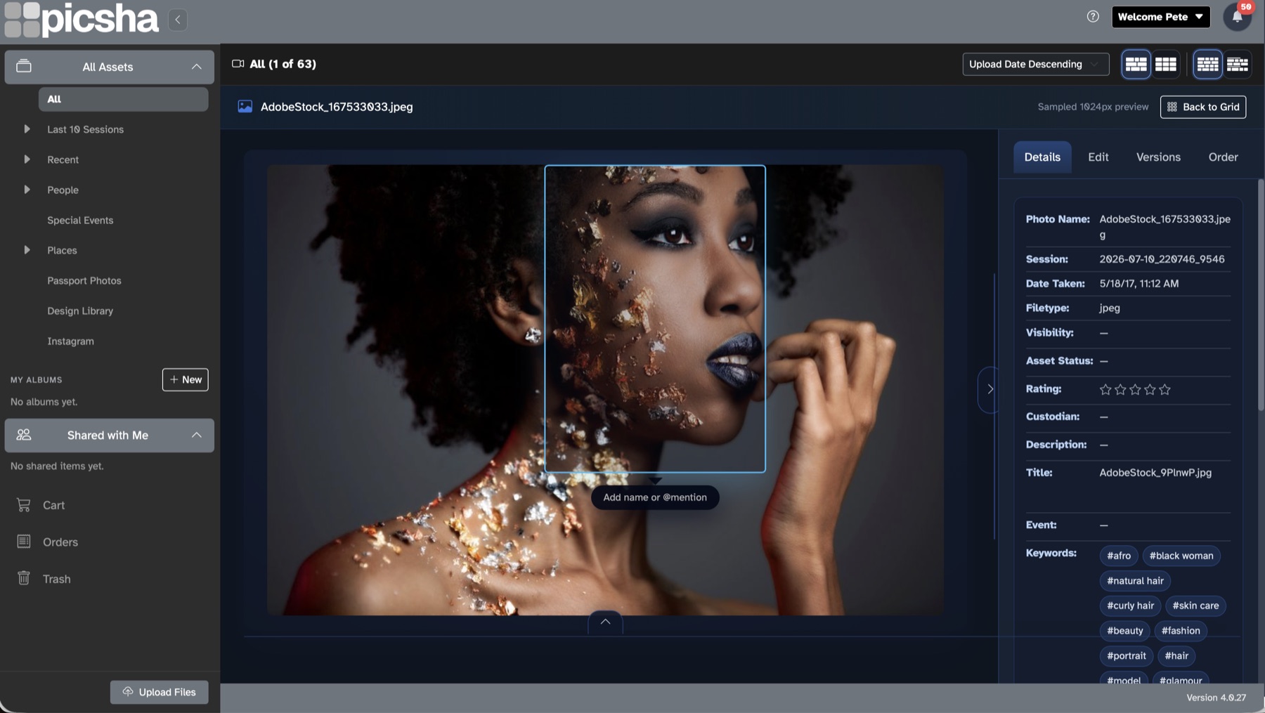 Picsha DAM details panel with face recognition outline and automatically generated keywords for a portrait