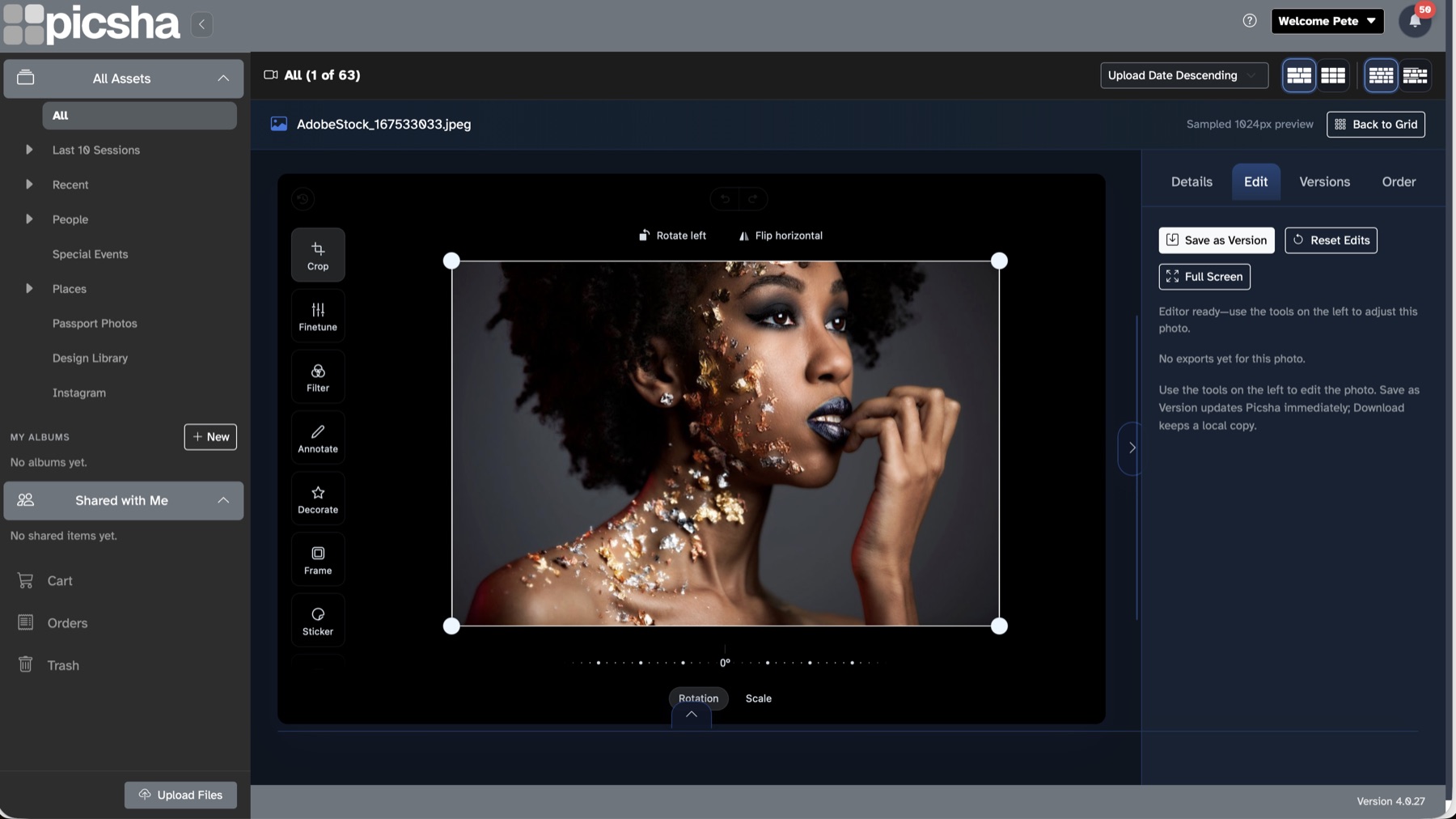 Picsha DAM built-in editor with crop, finetune, filter, and annotate tools, saving edits as versions
