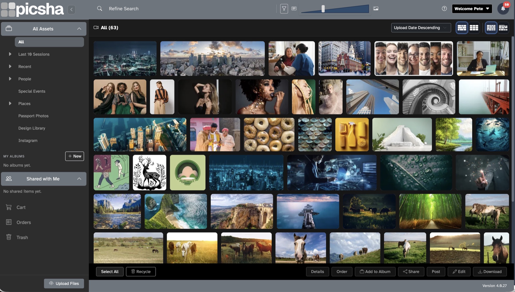 Picsha DAM library view showing a browsable grid of assets with albums, search, and sorting