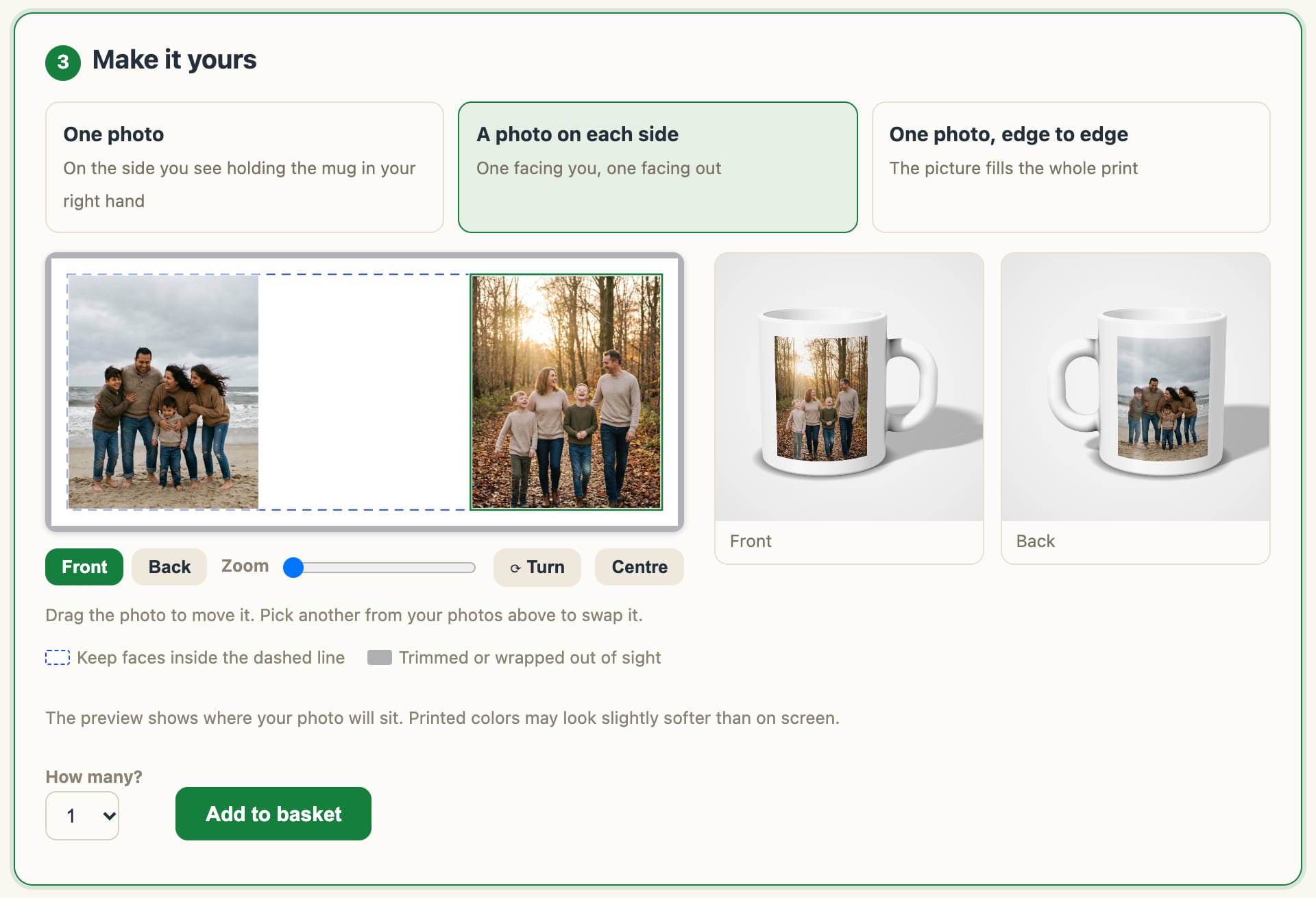 The design step: three layout choices with 'A photo on each side' selected, the flat print with a beach photo at the left and a woodland photo at the right inside a dashed safe-margin line, and beside it the mug drawn from the front and from the back with those photos on it