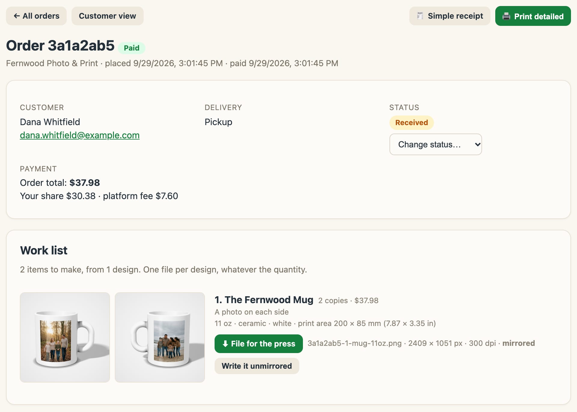 An order summary in the store admin: the customer and pickup details, then a work list with one item, The Fernwood Mug, two copies, shown from the front and the back, with a 'File for the press' button beside the file's name, size in pixels and 'mirrored', and a 'Write it unmirrored' button