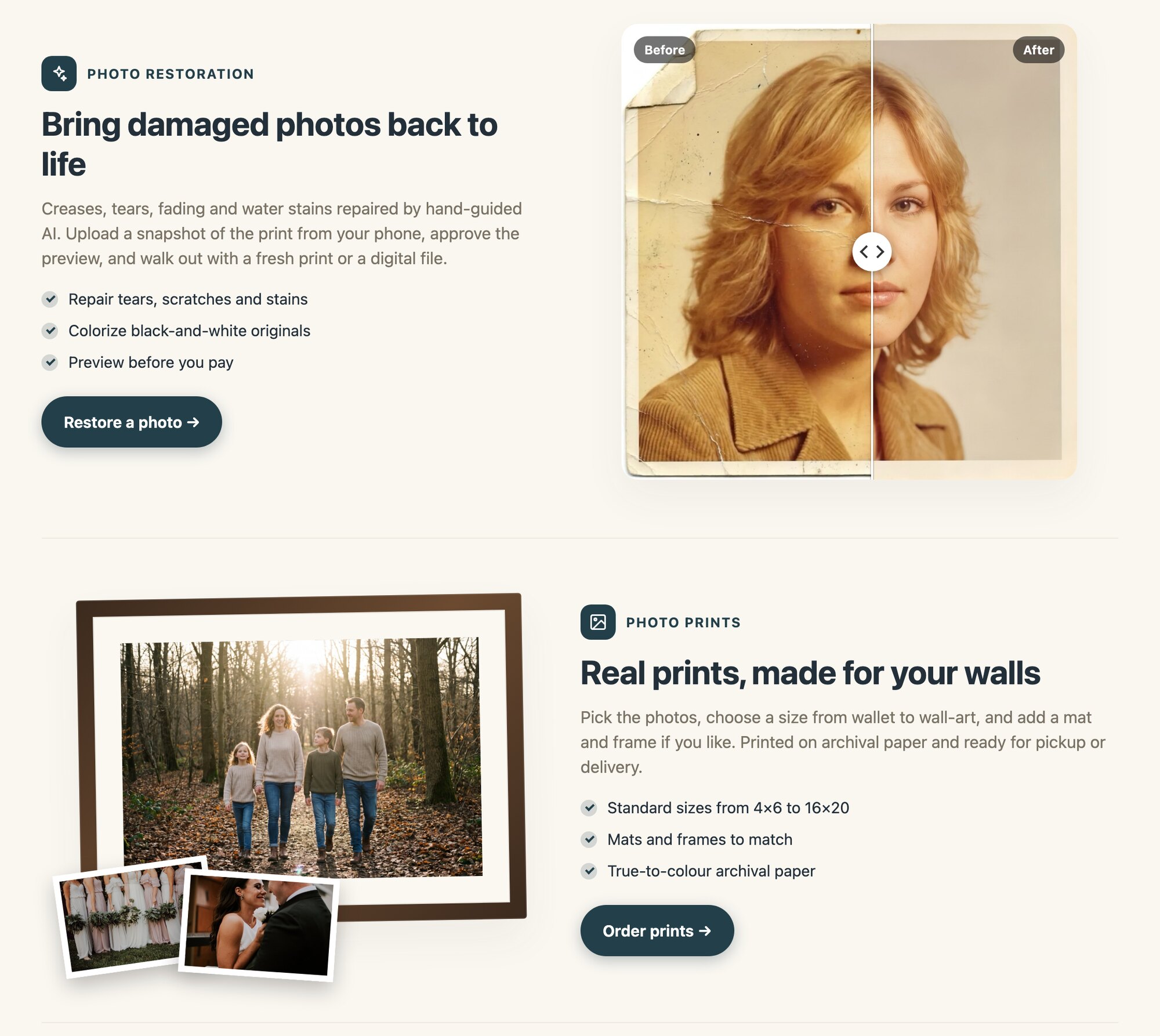 Two feature sections on the hub page: Photo Restoration with a before-and-after slider over a damaged portrait, and Photo Prints with a framed family photo and loose prints, each with a call-to-action button
