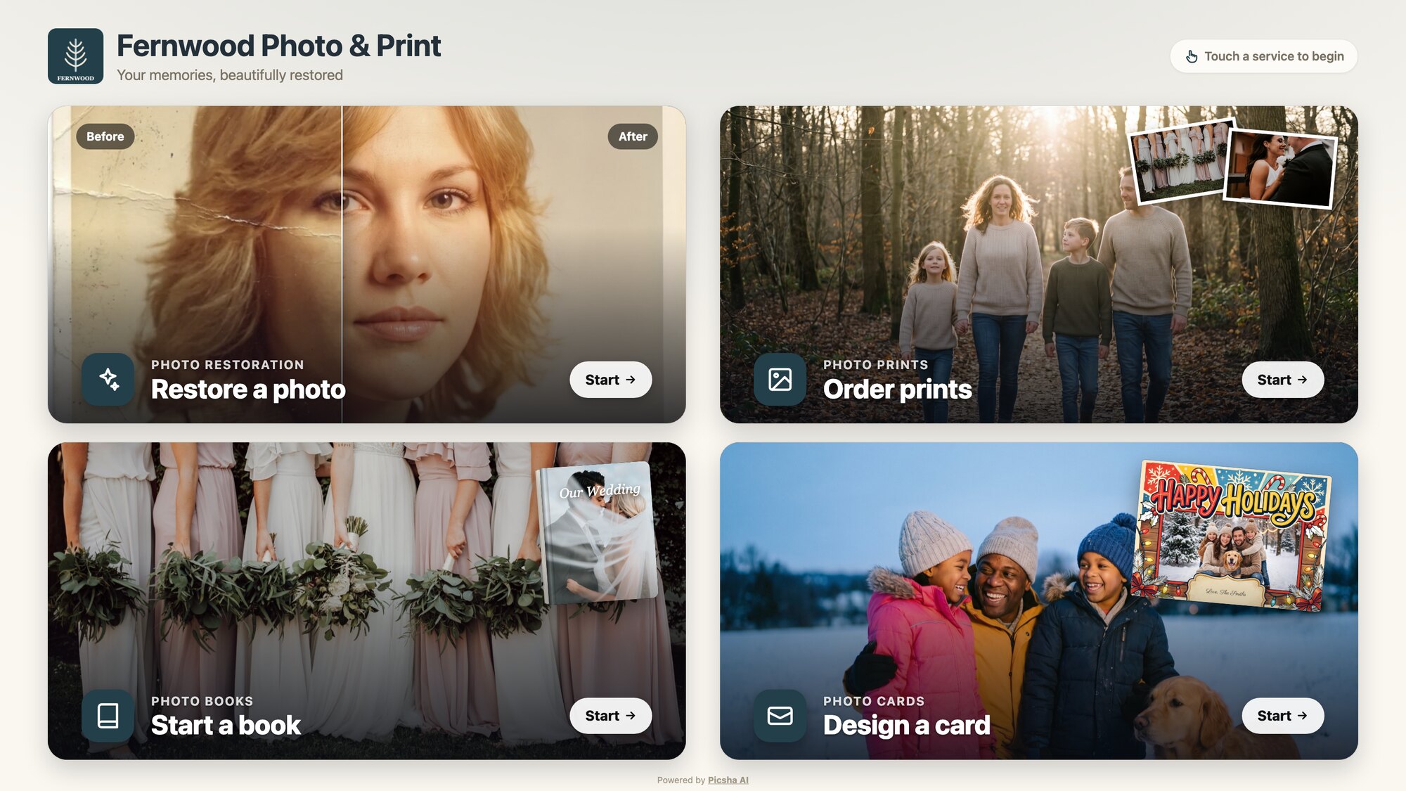 The kiosk home screen: Fernwood Photo & Print's logo and tagline, a Touch a service to begin hint, and four large photo tiles for Restore a photo, Order prints, Start a book, and Design a card