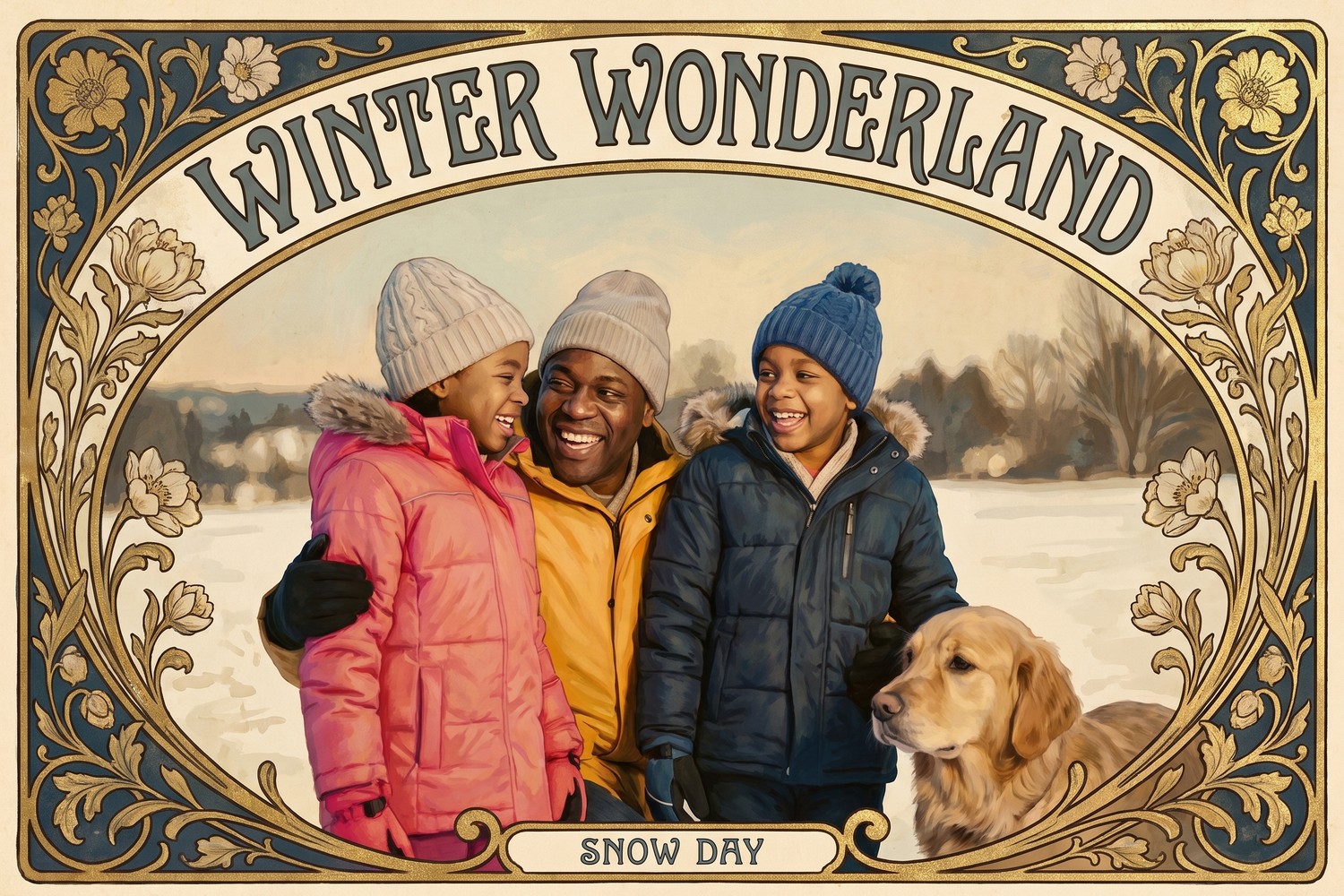 The same photo as a Belle Époque poster titled Winter Wonderland, with an ornate gilded frame