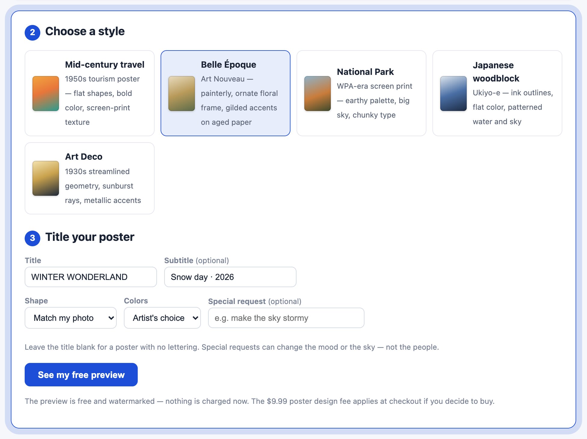 The storefront's style step: five style cards with swatches, then Title, Subtitle, Shape, Colors, and Special request fields