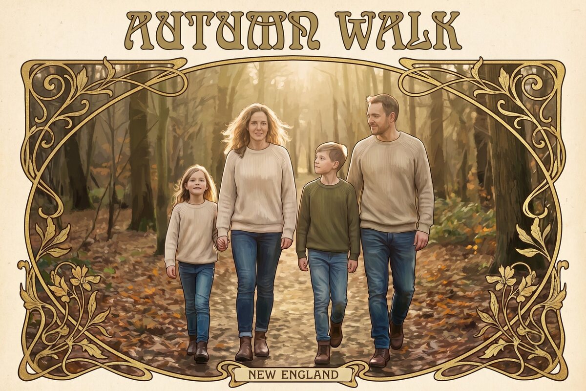 Mid-century style poster of a family of four walking hand in hand through autumn woods, titled Autumn Walk, New England