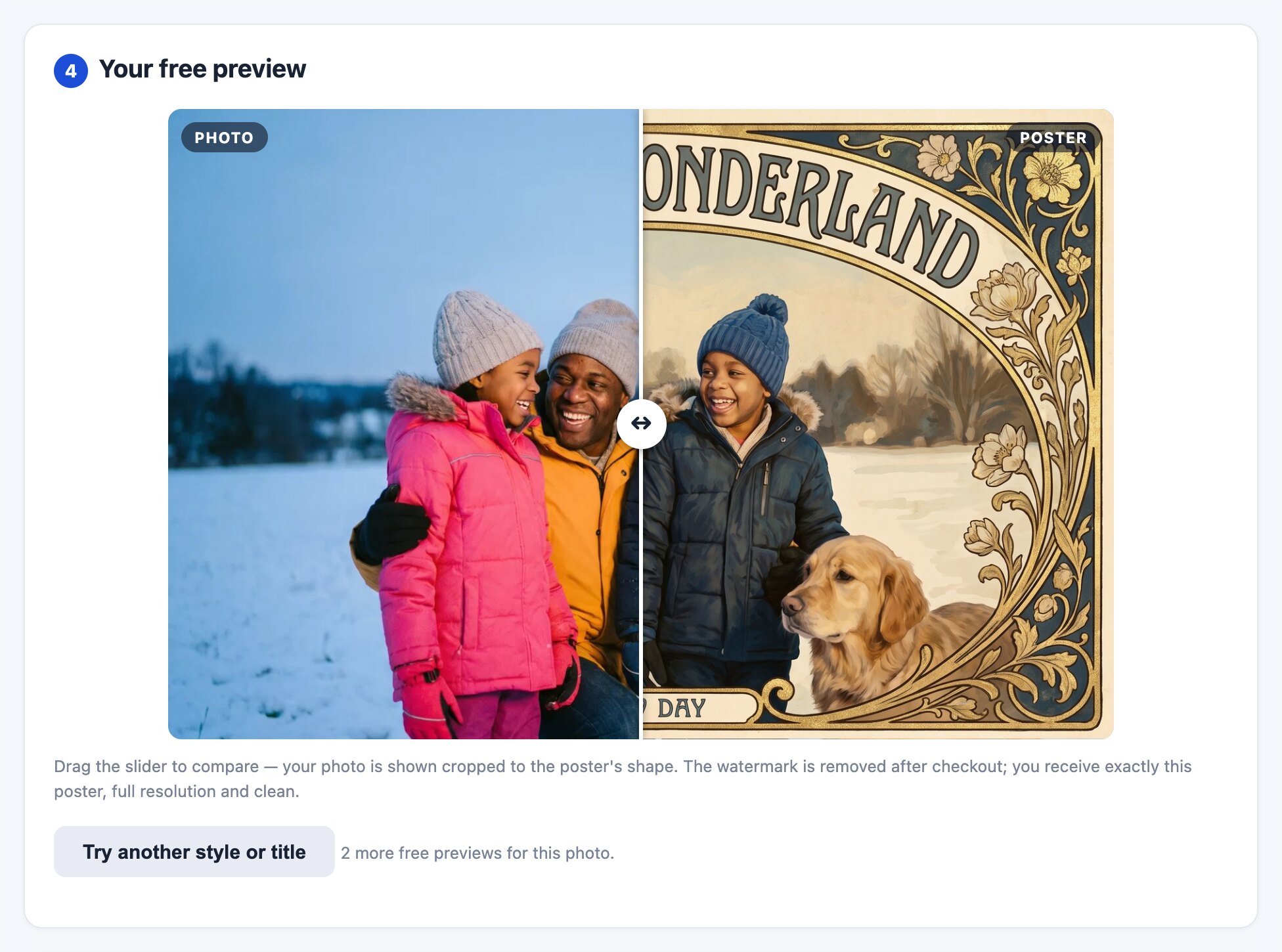 The free preview: a drag slider comparing the customer's photo with the finished, watermarked poster