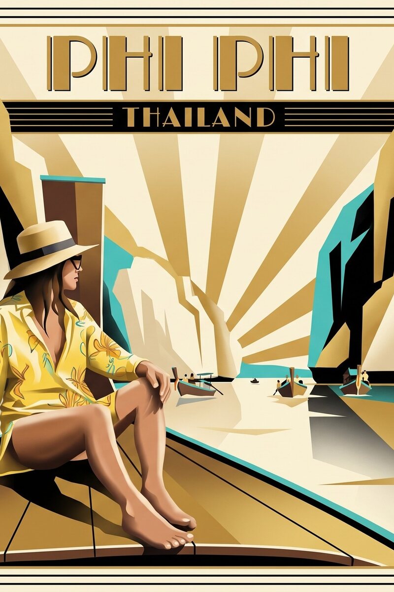 Art Deco poster: sunburst rays in cream, gold and black with tall geometric lettering, titled Phi Phi