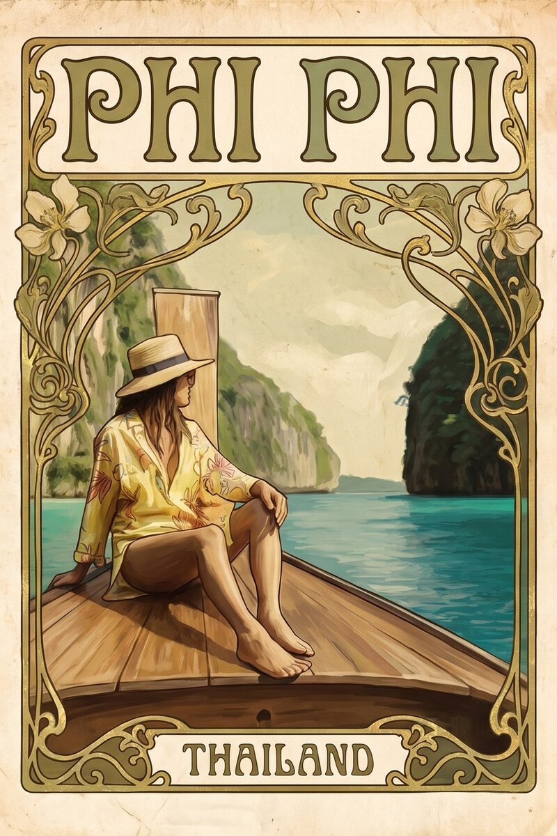 Belle Époque poster: painterly scene inside an ornate gilded Art Nouveau frame, titled Phi Phi