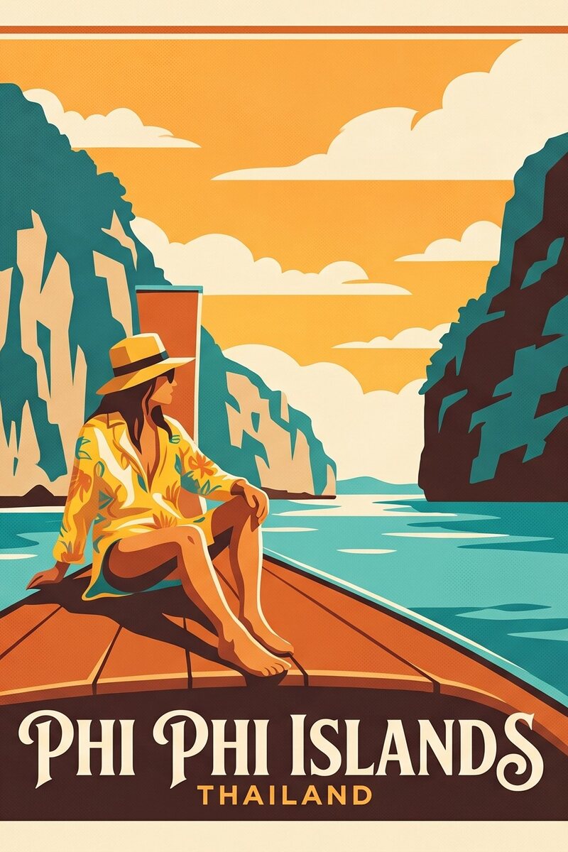 Mid-century travel poster: flat orange-and-teal illustration of a woman on a longtail boat, titled Phi Phi Islands