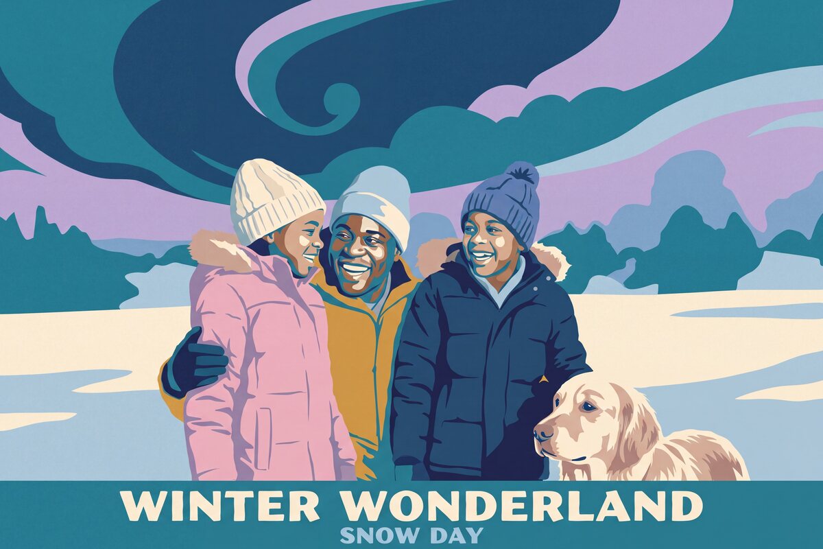 National park style poster of a family and their dog in the snow, bold flat color with chunky capitals reading Winter Wonderland, Snow Day