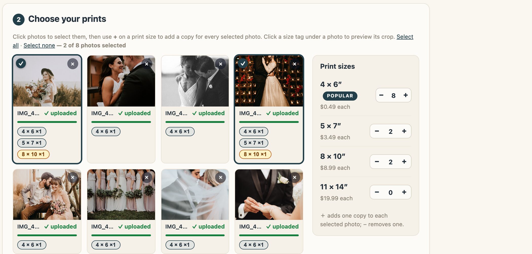 The Picsha Prints order builder: a grid of uploaded photos with size tags under each one, and a Print sizes panel where + adds a copy of a size to every selected photo