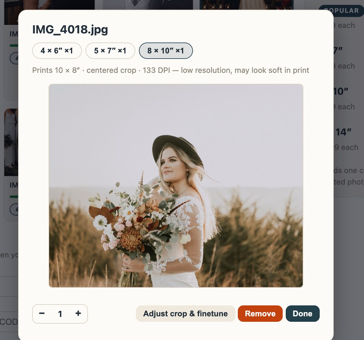 The per-photo preview popup with a tab for each ordered size, showing the exact 8 by 10 crop and a 133 DPI low-resolution warning