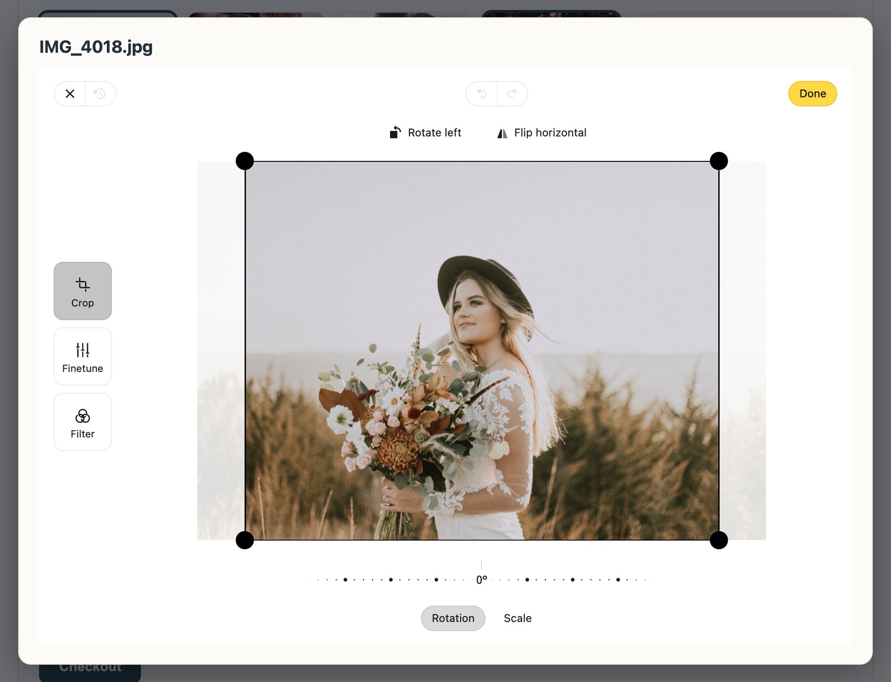 The built-in editor with the crop locked to the print's aspect ratio, plus Finetune and Filter tools