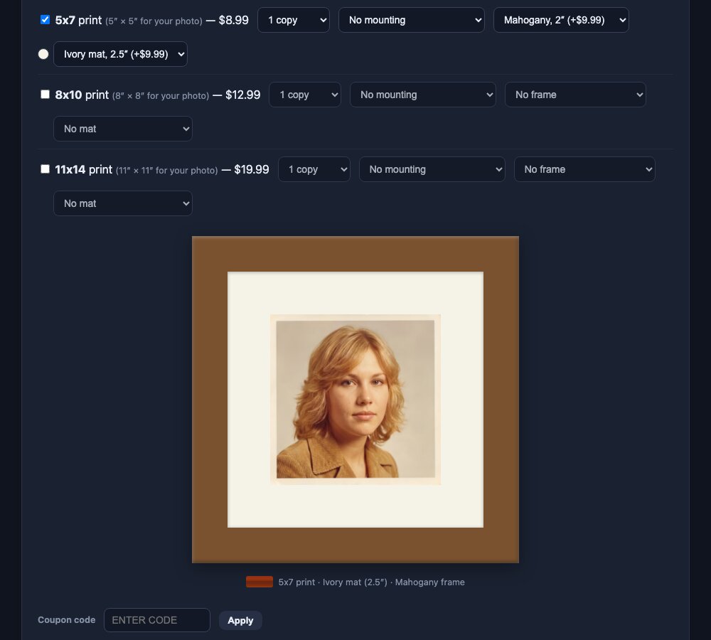 The live storefront preview showing the customer's restored photo inside their chosen mat and frame
